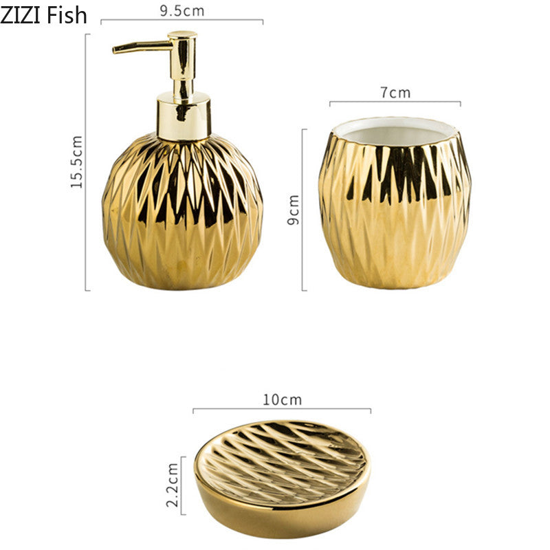 Juego de Accesorios de Baño de Cerámica Electrochapada de Lujo Ligero: Dispensador de Jabón Creativo, Vaso para Enjuague Bucal y Jabonera