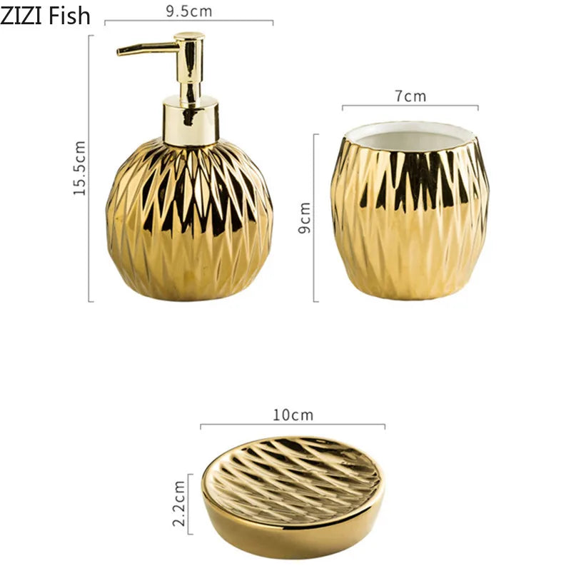 Juego de Accesorios de Baño de Cerámica Electrochapada de Lujo Ligero: Dispensador de Jabón Creativo, Vaso para Enjuague Bucal y Jabonera
