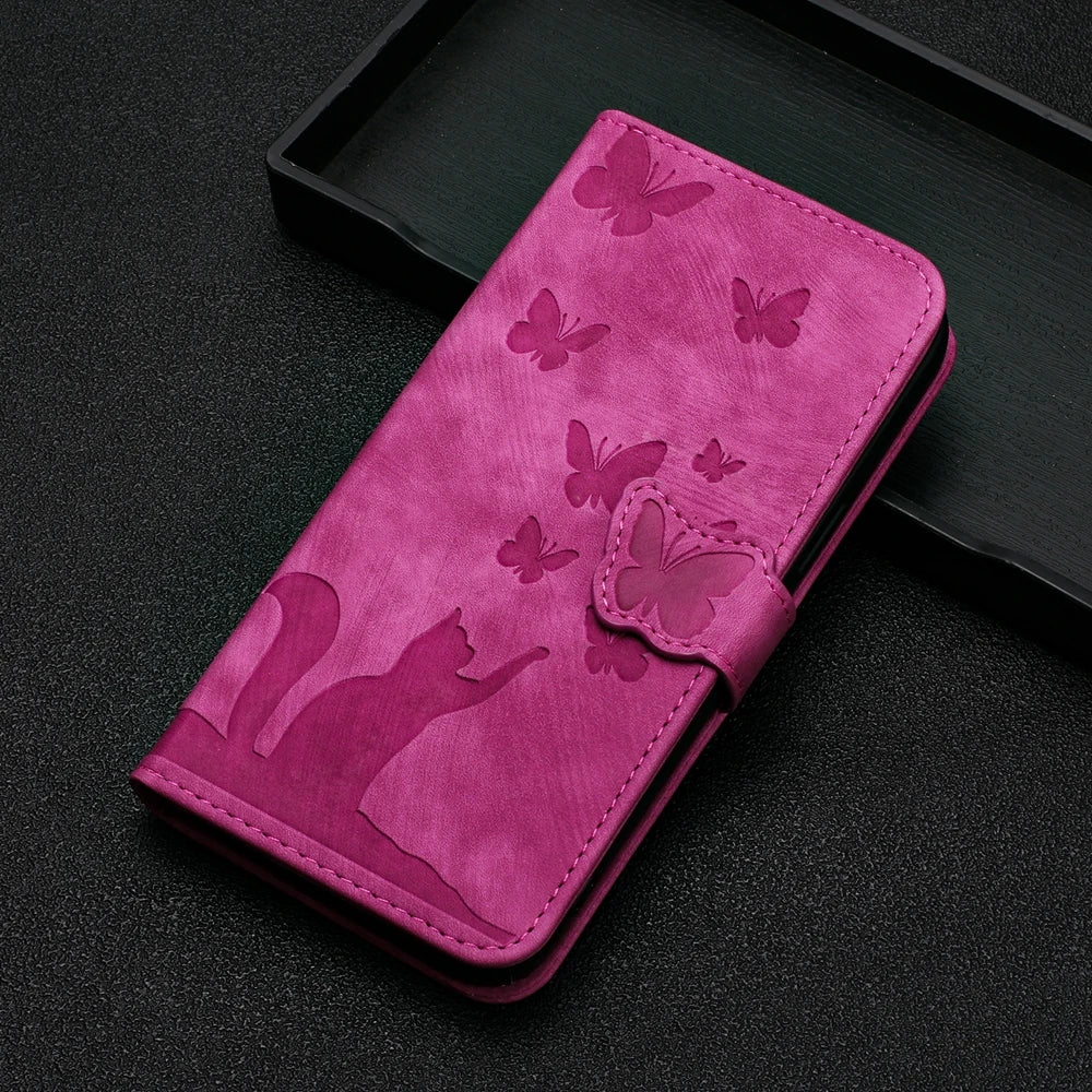 Funda tipo cartera de cuero con diseño de gato y mariposa para iPhone 17, 15, 16, 14, 13, 12, 11 Pro Max, iPhone 15 Plus