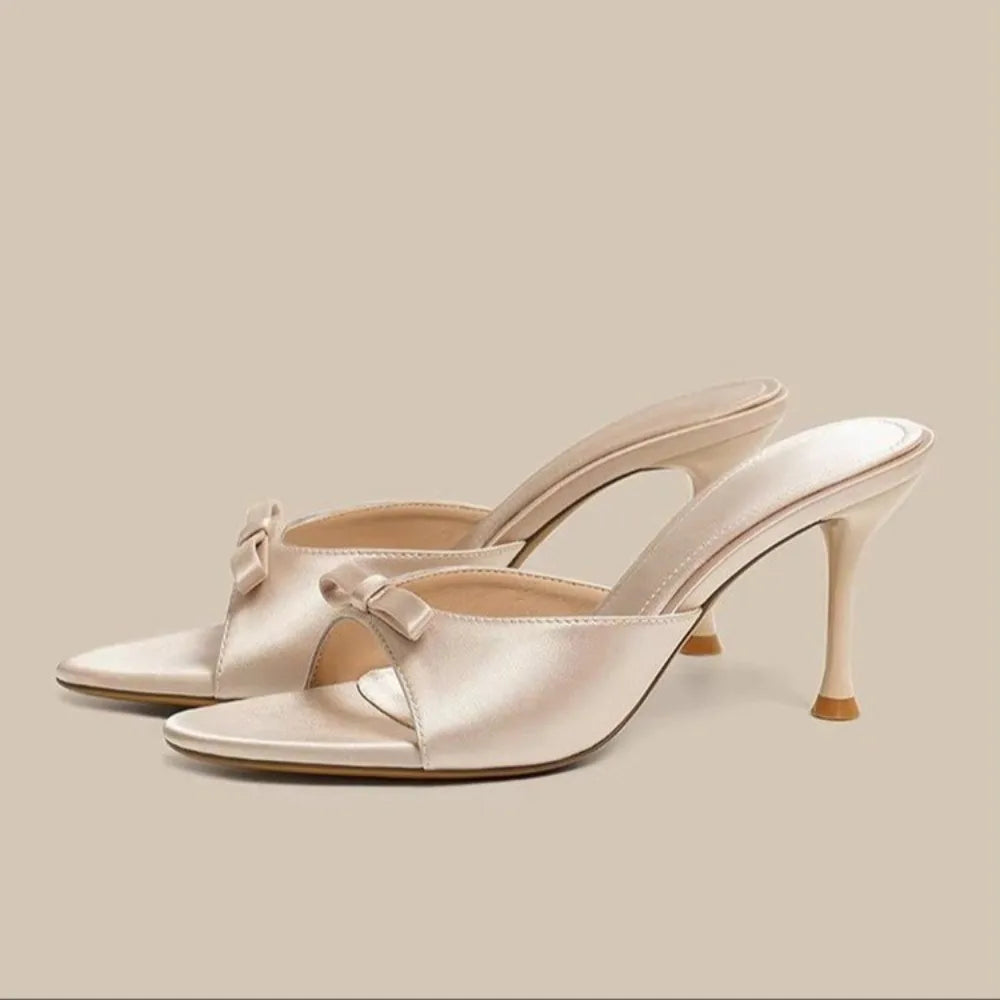 Sandalias de tacón alto y fino para mujer, de satén, con lazo de mariposa, para verano, elegantes, sexys, para fiesta
