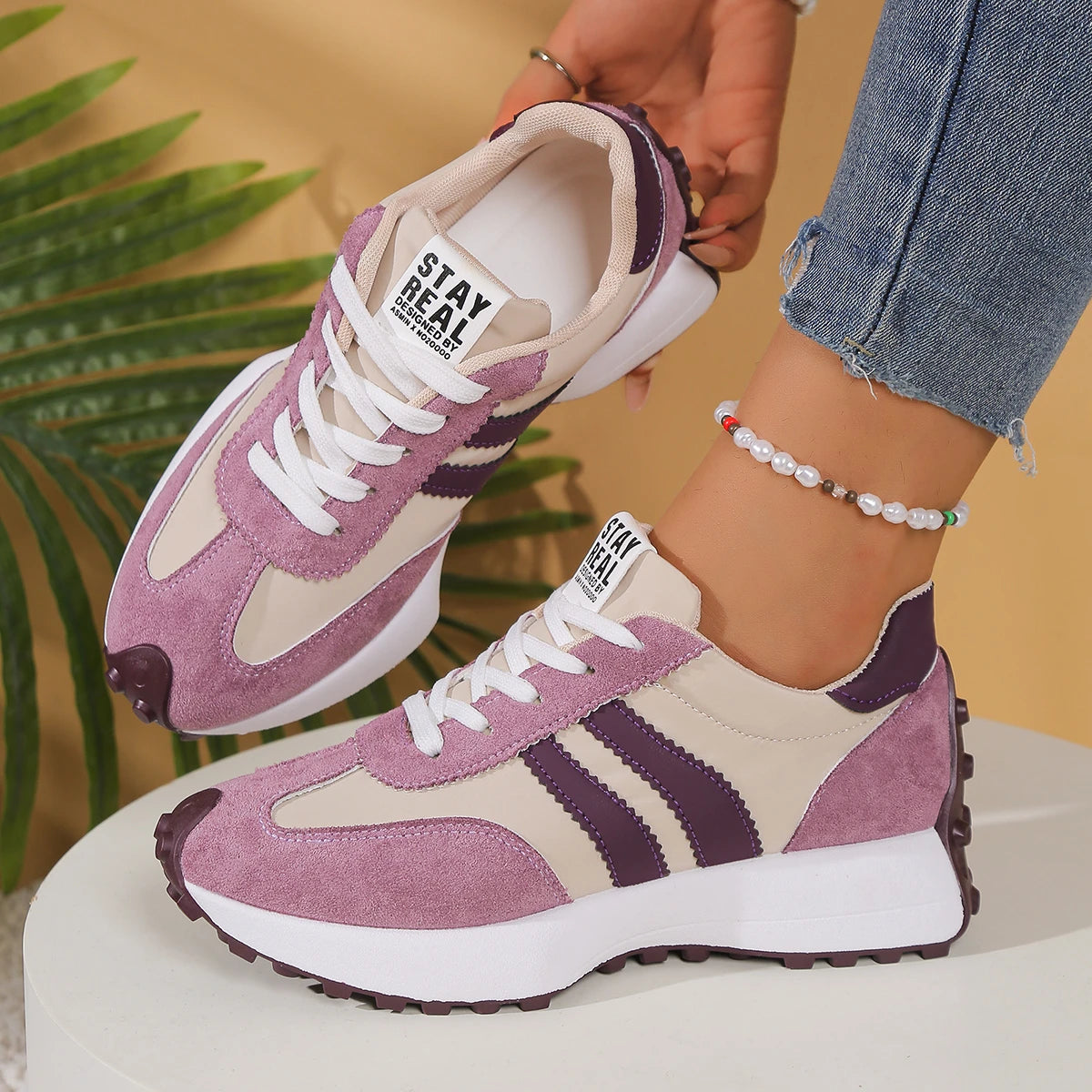 Zapatillas de deporte de fondo grueso para mujer, zapatillas de deporte informales de cuero con retales, zapatos cómodos informales para exteriores, primavera 2025