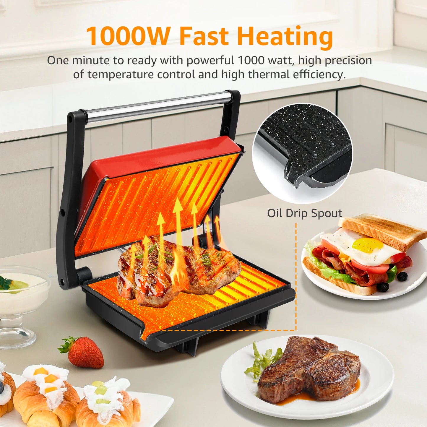 Parrilla Eléctrica, Máquina de Panini y Sandwichera, Apertura 180º, Placas Antiadherentes 23 x 14,5 cm, Libre de BPA, 1000W