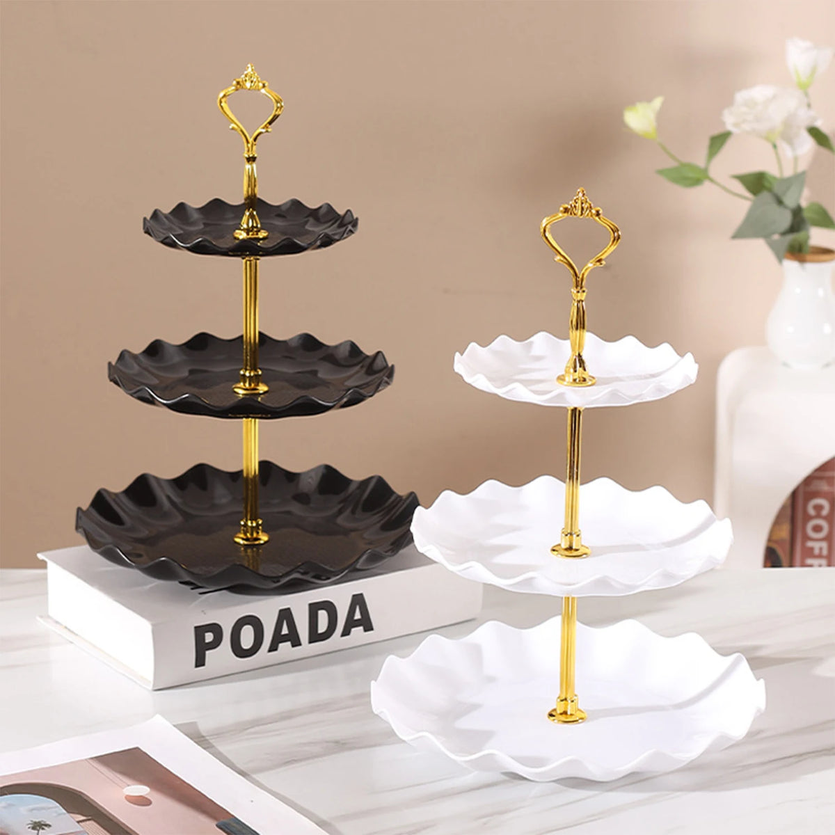 Mesa de exhibición de postre de plástico, Buffet ondulado de estilo europeo y americano, bandeja de servicio de postre, pastel, plato de fruta