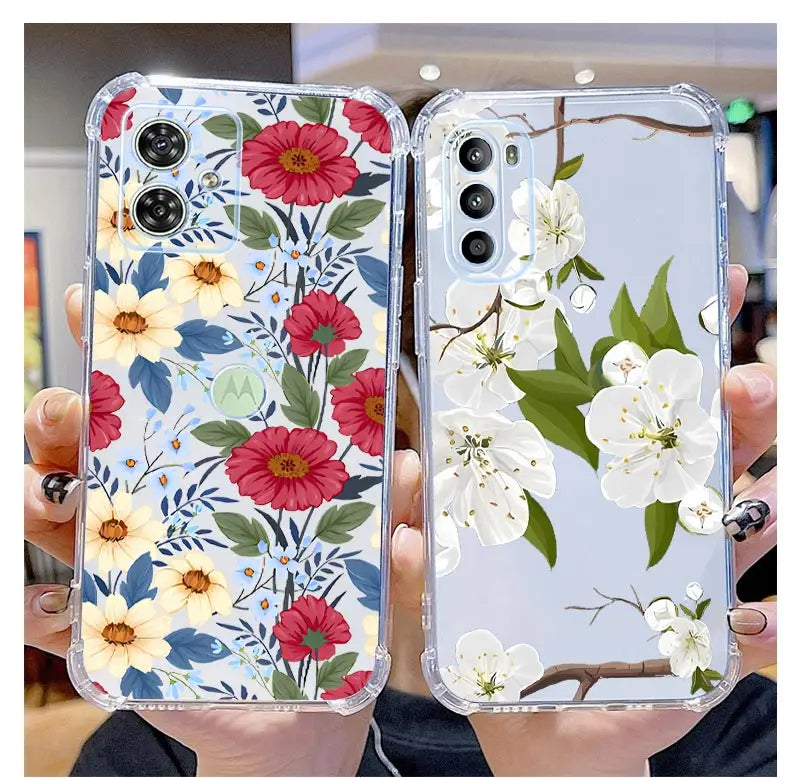 Funda de teléfono transparente G54 flores y hierba para Motorola Moto G54 G53 G52 G72 G82 G13 G73 G32 G84 G14 G42 G24Power G30 G9