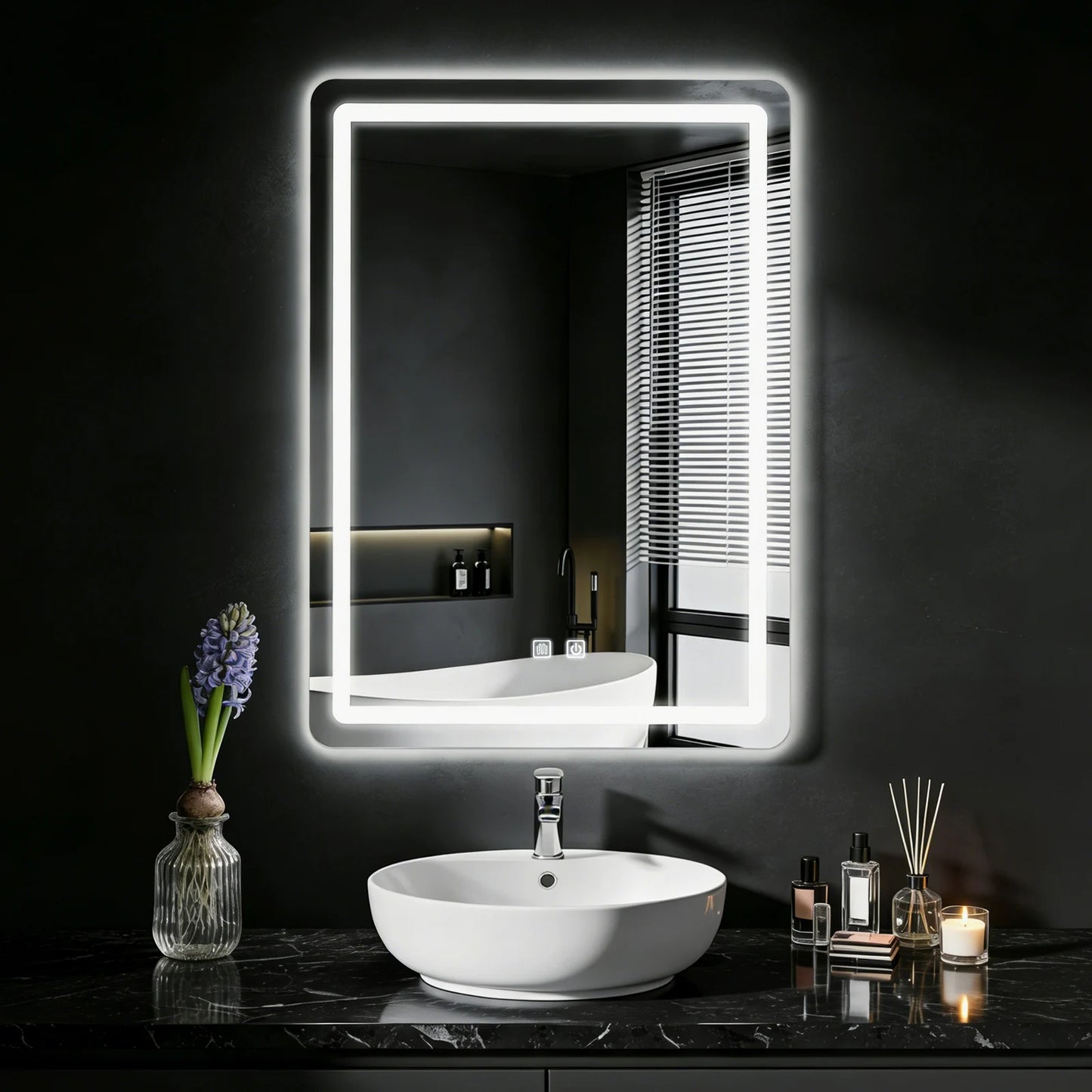 Espejo de Baño LED de 50x70cm con Luces Retroiluminadas, Espejo de Maquillaje Antivaho, Montado en la Pared con Desempañador