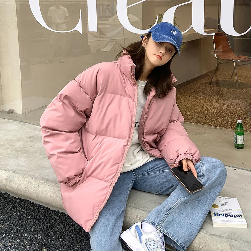 Ropa de calle Harajuku abrigo de invierno cálido para hombre Parka informal de Color sólido con cuello levantado chaqueta de invierno de gran tamaño para mujer