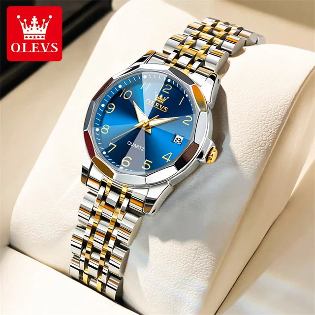 OLEVS 9970 reloj de lujo para parejas, reloj de pulsera con calendario resistente al agua de acero inoxidable para hombres y mujeres, reloj para amantes del espejo con rombos y esfera Digital