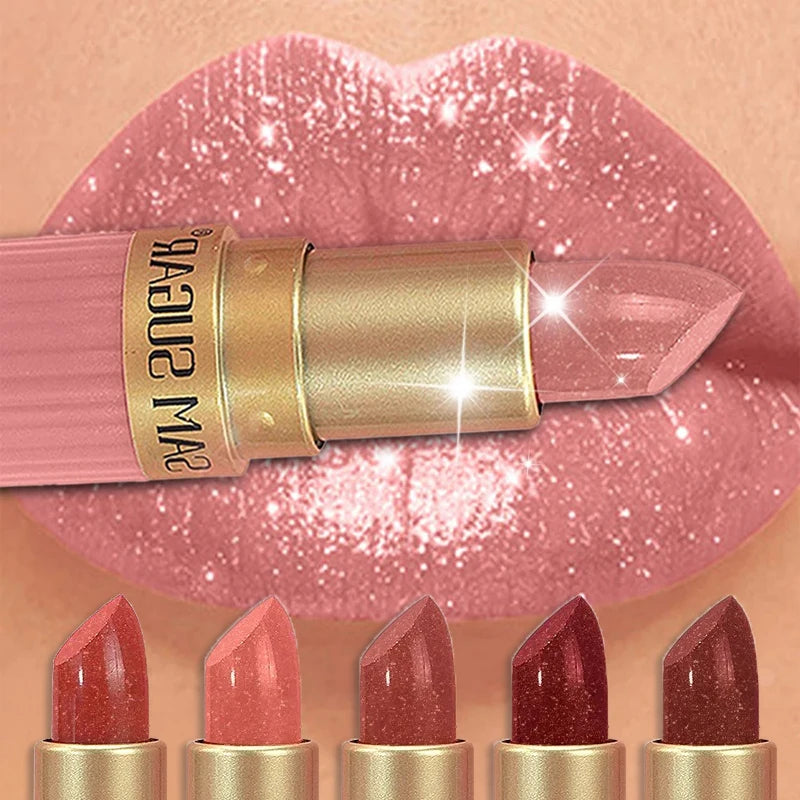 Lápiz Labial Rosa Perlado con Brillo, Metálico, Impermeable, de Larga Duración, Mate, Color Nude, con Destellos de Diamante, Maquillaje Sexy para Mujer
