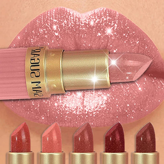 Lápiz Labial Rosa Perlado con Brillo, Metálico, Impermeable, de Larga Duración, Mate, Color Nude, con Destellos de Diamante, Maquillaje Sexy para Mujer