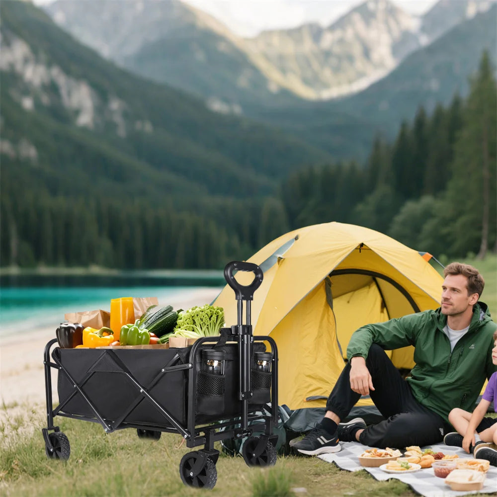 Carro plegable grande para acampar en el jardín, carro de utilidad para playa con soporte de carga fuerte para exteriores, con ruedas y asa