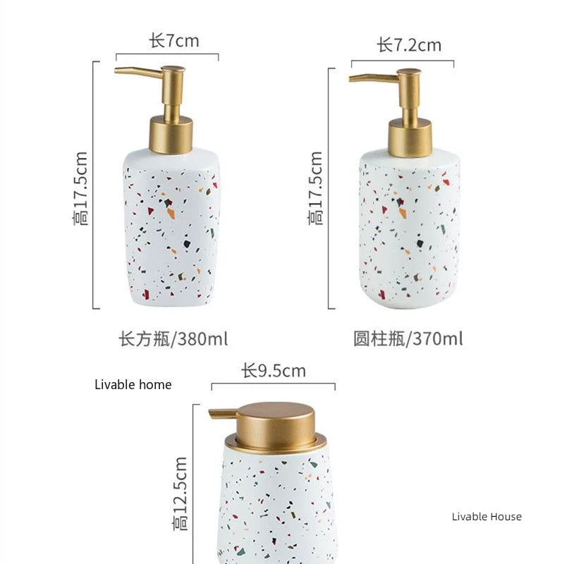 Dispensadores de jabón portátiles de cerámica, botella de líquido para lavar las manos, botella de loción con patrón de terrazo, botella de jabón, dispensadores de jabón para Baño