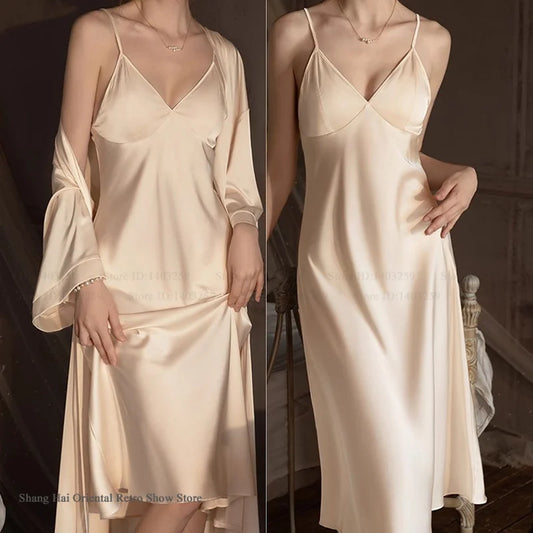 Elegante Conjunto de Bata Larga para Mujer, Lencería Sexy, Ropa de Dormir, Kimono Holgado, Bata de Baño, Vestido de Casa de Satén Sedoso, Ropa de Estar