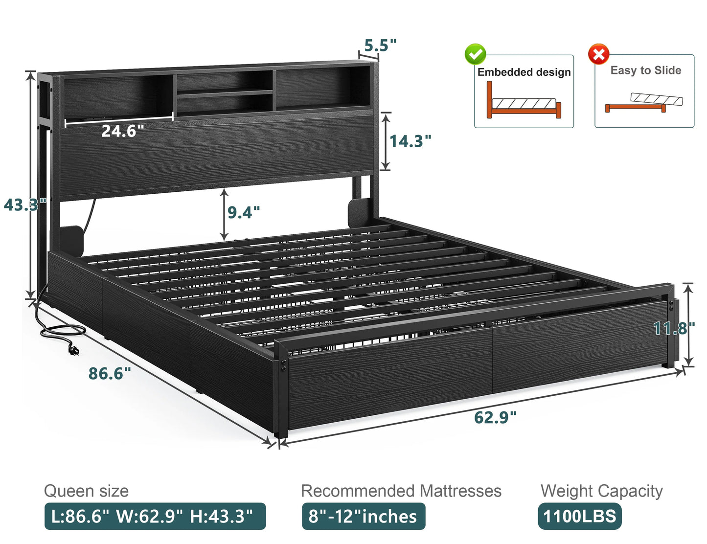 EnHomee - Base de Cama Matrimonial/Queen/King con 6 Cajones de Almacenamiento y Estación de Carga, Base de Cama de Plataforma Metálica con Cabecera con Librero, Sin Ruido