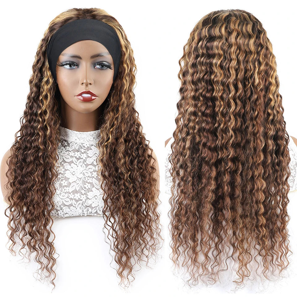 Peluca con diadema P4/27, cabello humano resaltado, pelucas de cabello humano rizado de onda profunda de 250 de densidad, peluca completa hecha a máquina de color rubio miel