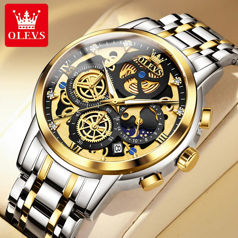 Relojes OLEVS para hombre, marca superior, reloj de cuarzo Original resistente al agua de lujo para hombre, estilo esqueleto dorado, 24 horas de día y noche, nuevo