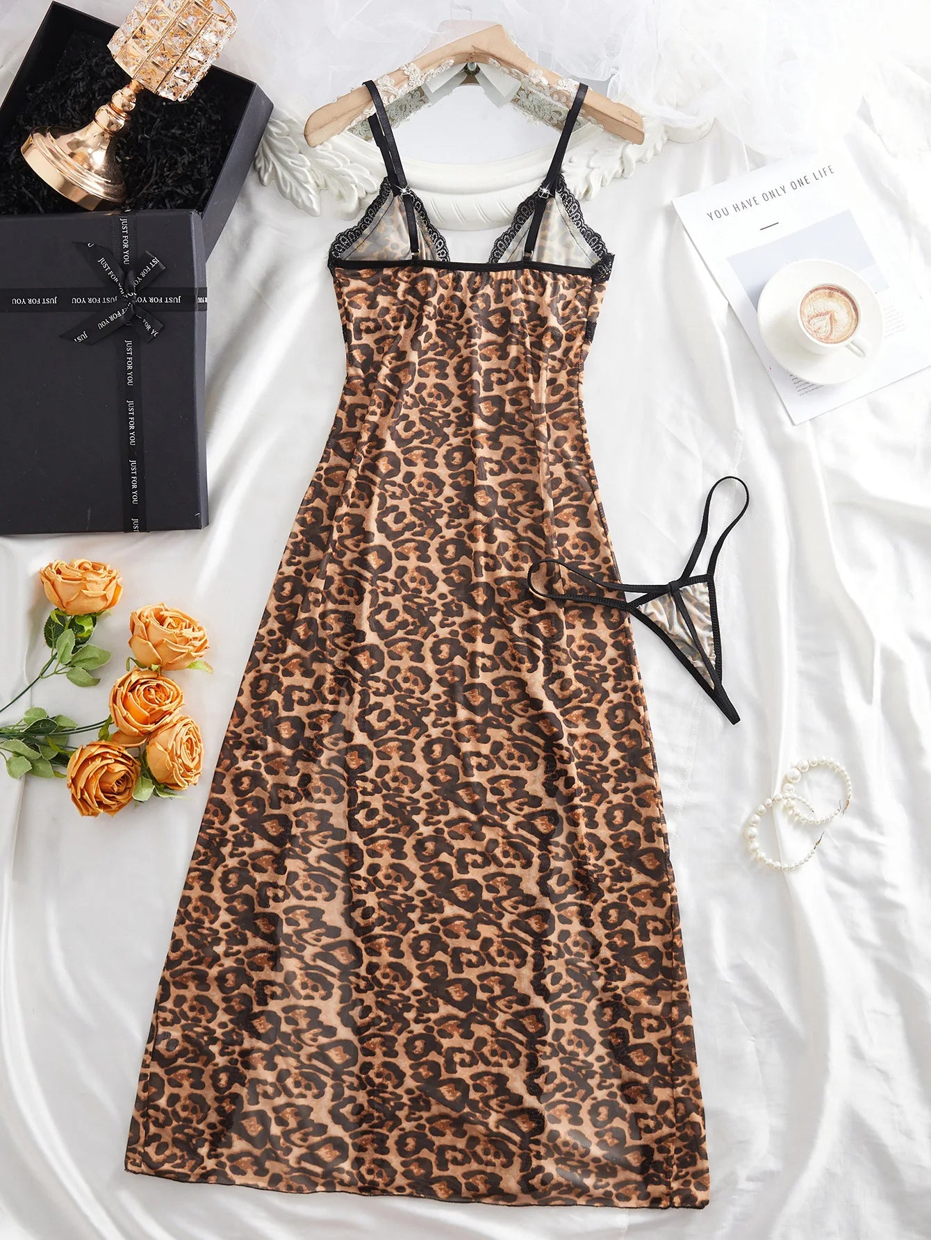 Lencería Sexy con estampado de leopardo para mujer, camisón de malla transparente, ropa de dormir erótica con doble abertura larga, cuello en V, tirantes finos, vestido con adornos de encaje