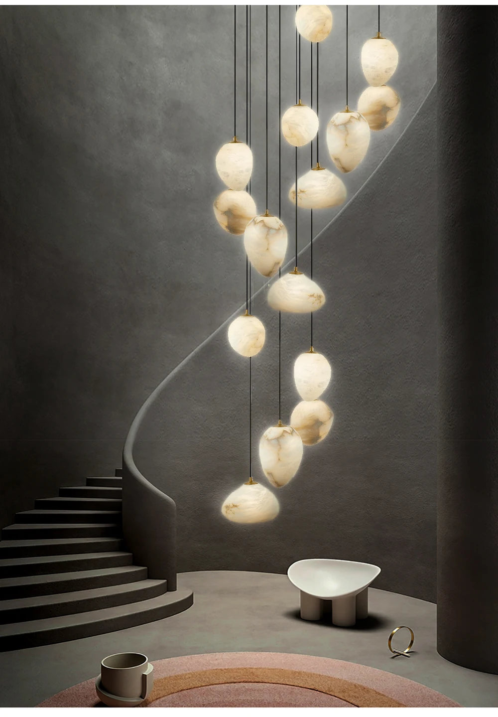 Iluminación colgante de piedra de mármol de alabastro de diseño moderno de alta gama, lámpara de decoración de escalera de isla de cocina española, lámpara de techo LED