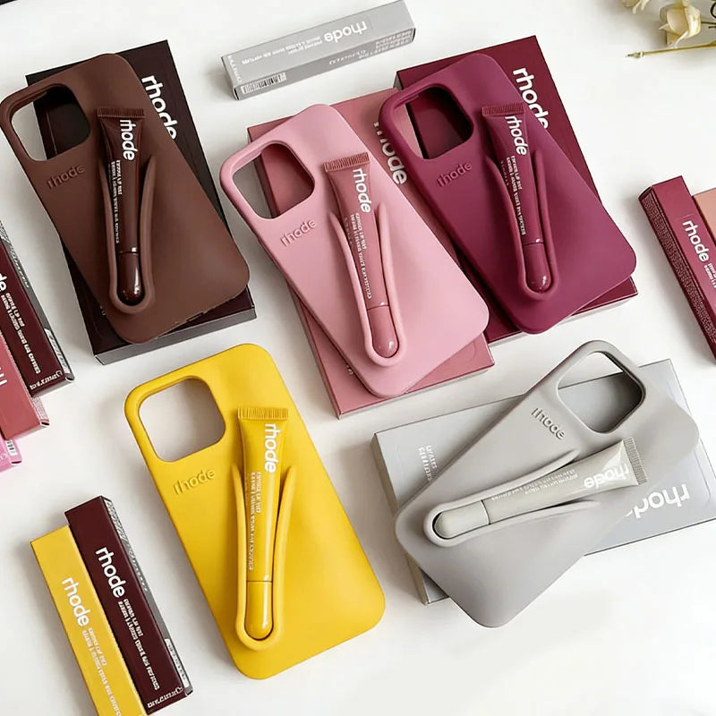 Maquillaje Rhode con caja, soporte para lápiz labial, funda de teléfono para IPhone17 Air 11 12 13 14 15 16 Pro Max Plus, funda suave de silicona para brillo de labios