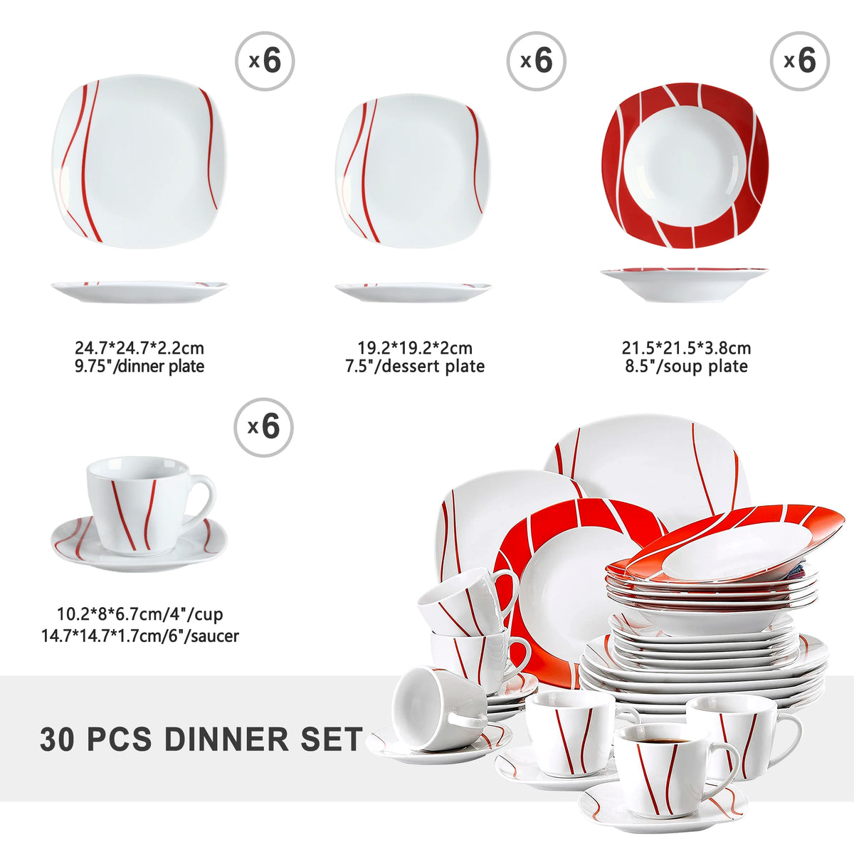 MALACASA-Juego de cena de porcelana serie Felisa, juego de tazas, platillos, postre, sopa, plato de cena, rayas rojas, marfil, blanco, 30 piezas