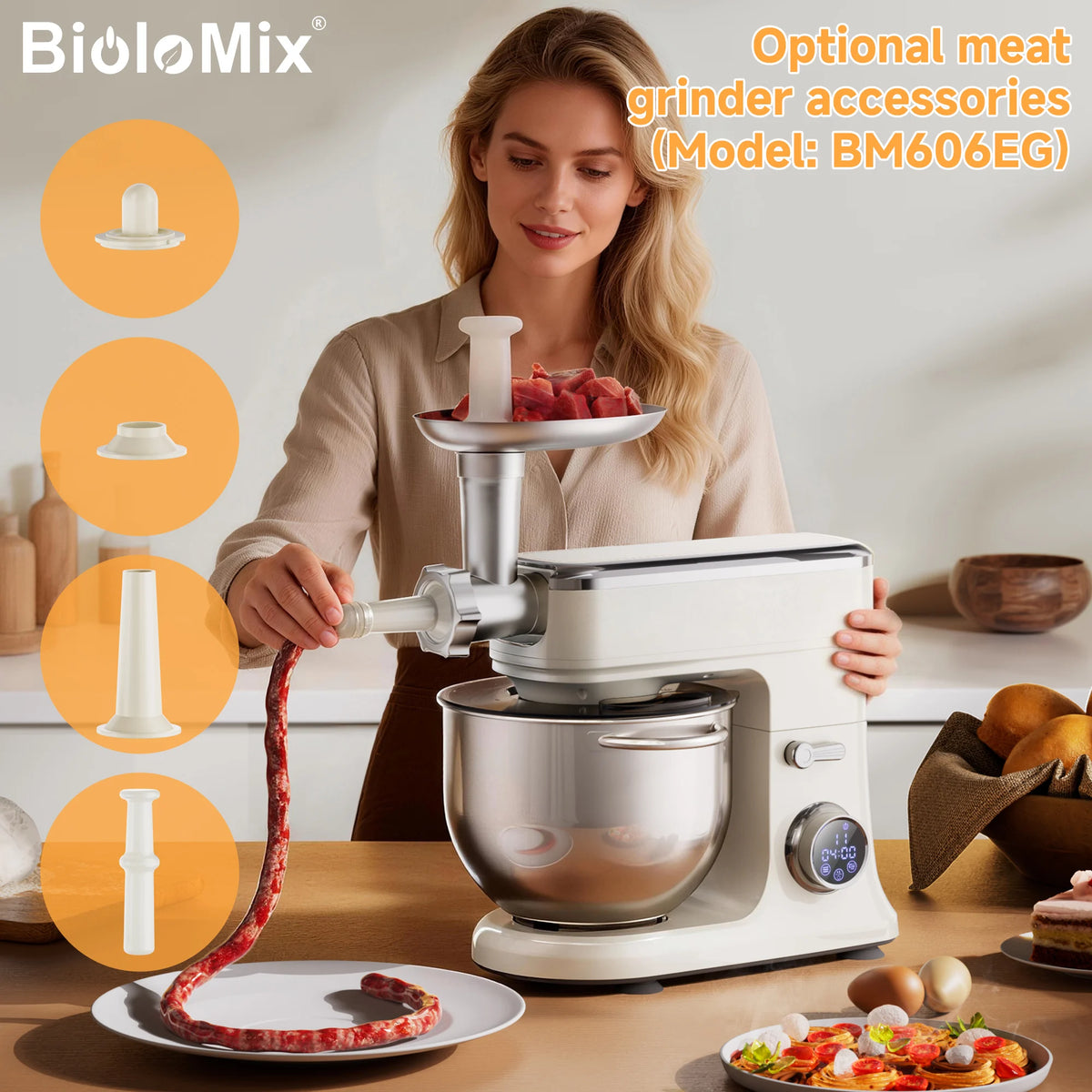 Batidora de Pedestal BioloMix de 7L para Repostería, Motor de CC de 1200W con Gancho Amasador, Batidor, Accesorio para Picar Carne - Batidora de Alimentos