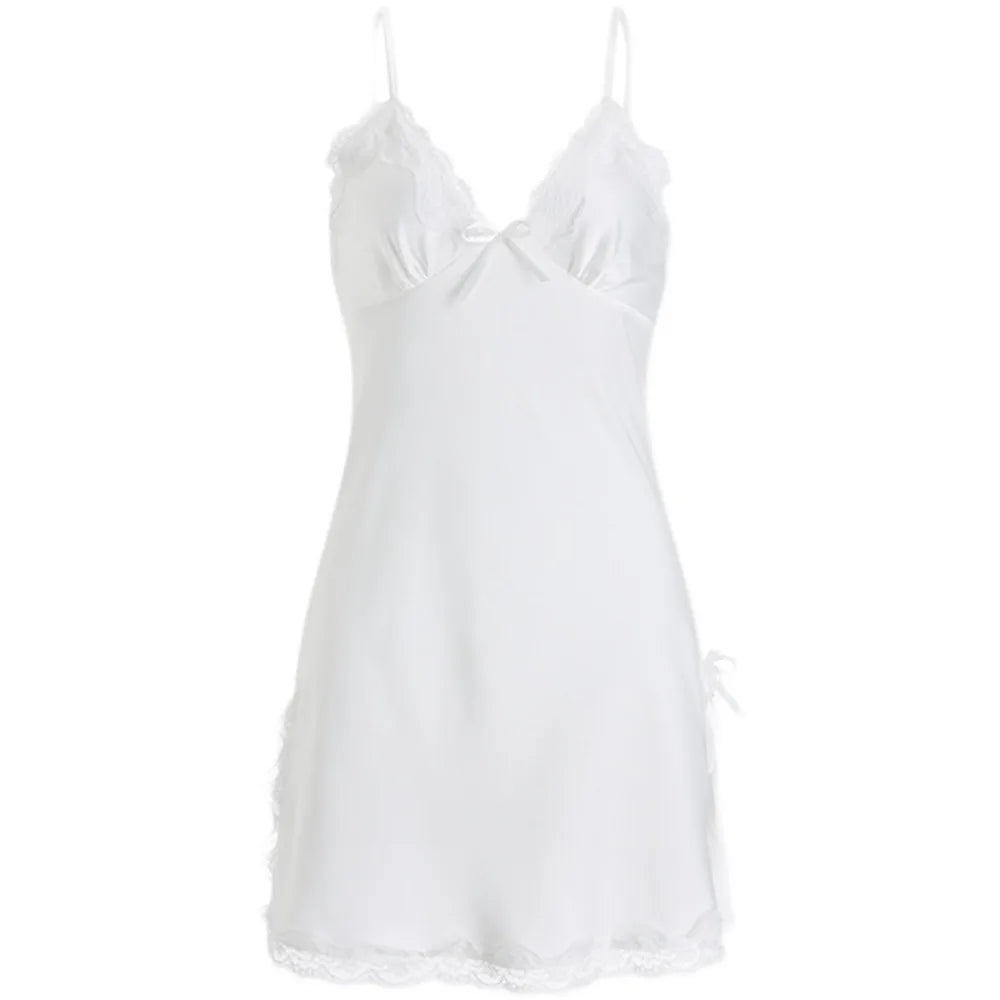 Vestido de pijama con lazo de encaje para mujer, camisón con tirantes de seda helada sin mangas dividido, ropa de dormir, camisón fino con tirantes, chica picante