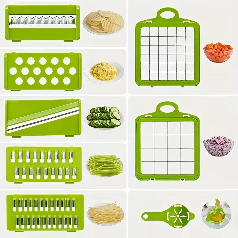 Picadora de verduras multifuncional 14 en 1, picadora de cebolla con mango, picadora de alimentos, rebanadora de verduras de cocina, cortadora