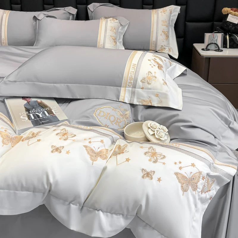 Juego de cama 100% de algodón, edredón bordado de mariposa dorada de lujo/funda nórdica, juegos de sábanas ajustadas, fundas de almohada, textiles para el hogar