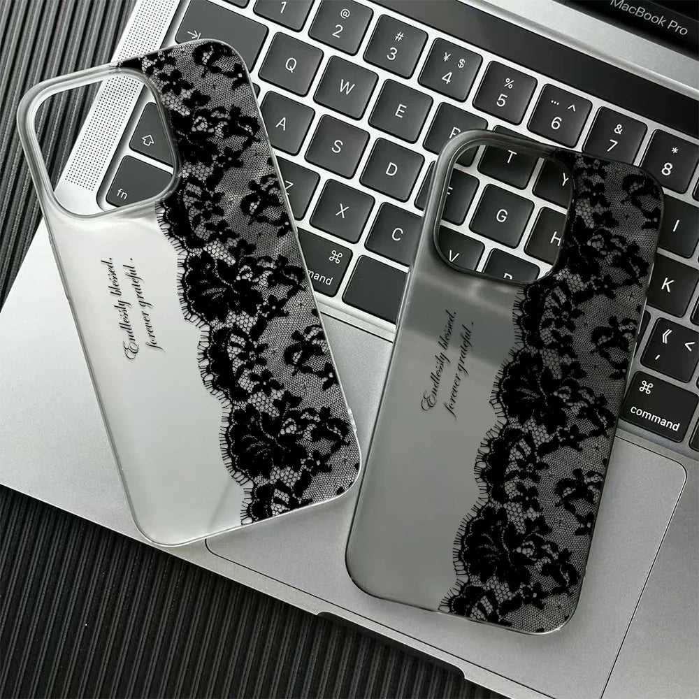 Funda de Teléfono con Letras de Encaje Negro para iPhone 17 16 15 14 13 12 11 Pro Max 13 12 17 Air 16 Plus, Carcasa Transparente Suave Antigolpes