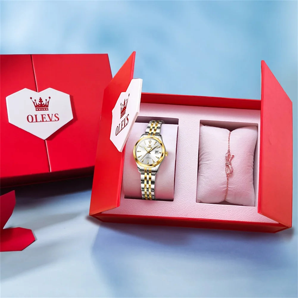 OLEVS-Reloj de cuarzo para mujer, cronógrafo sencillo, elegante y Original, resistente al agua, luminoso, con fecha, caja de regalo roja