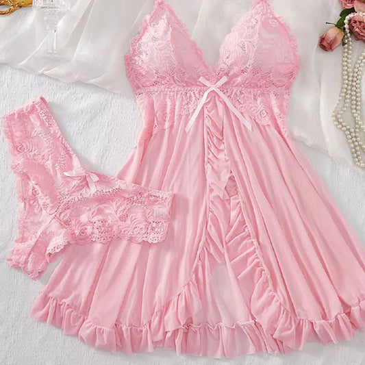 Traje con tirantes, camisón ultrafino de verano, conjuntos de Tanga de encaje, pijamas sexis para mujer, lencería, vestido de noche caliente, ropa de dormir cómoda