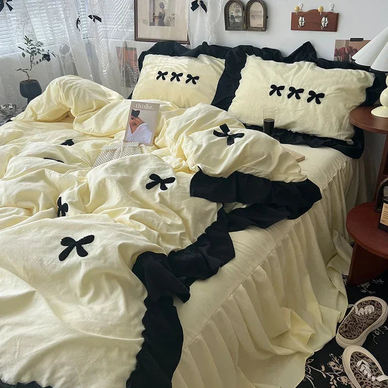 Juego de cama de algodón con lazo negro, funda nórdica suave y agradable para la piel estilo princesa para niña, sábana o funda de almohada para falda de cama