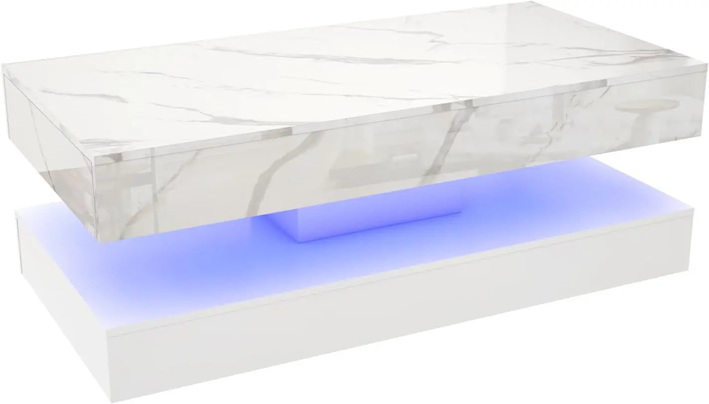 Mesa de Centro Moderna y Elegante con Luces LED, Diseño de Doble Capa para Sala de Estar con 2 Cajones de Almacenamiento