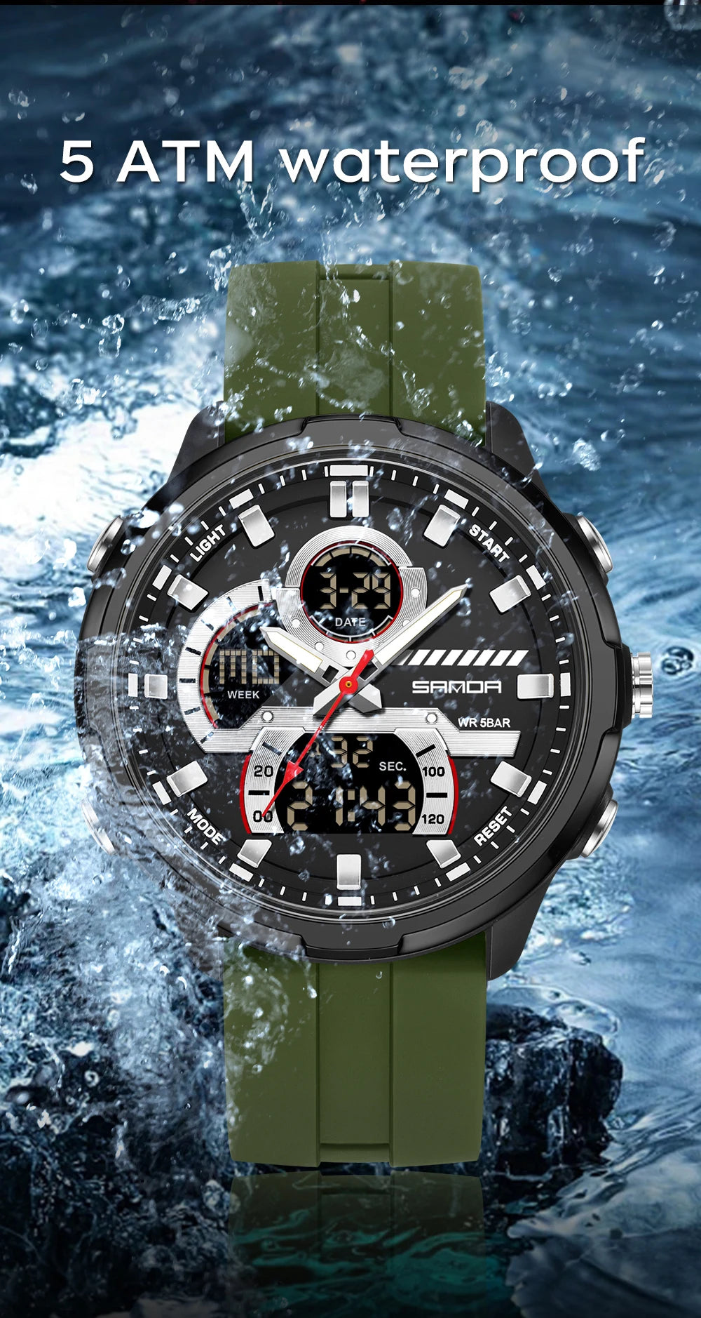 Reloj electrónico de cuarzo SNADA para hombre con pantalla Dual deportivo multifuncional LED resistente al agua reloj electrónico de cuarzo para hombre 9077