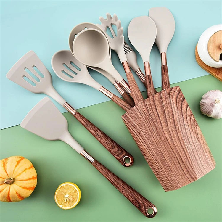 LMETJMA Juego de utensilios de cocina de silicona, 10 Uds., utensilio de cocina con soporte para utensilios, asas de patrón de madera, utensilios de cocina antiadherentes JT264