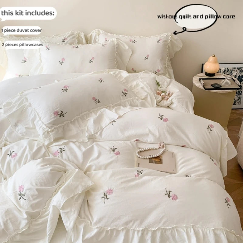 Juego de funda nórdica bordada con rosas de 3 piezas (1 funda nórdica + 2 fundas de almohada, sin núcleo), juego de cama de encaje estilo princesa