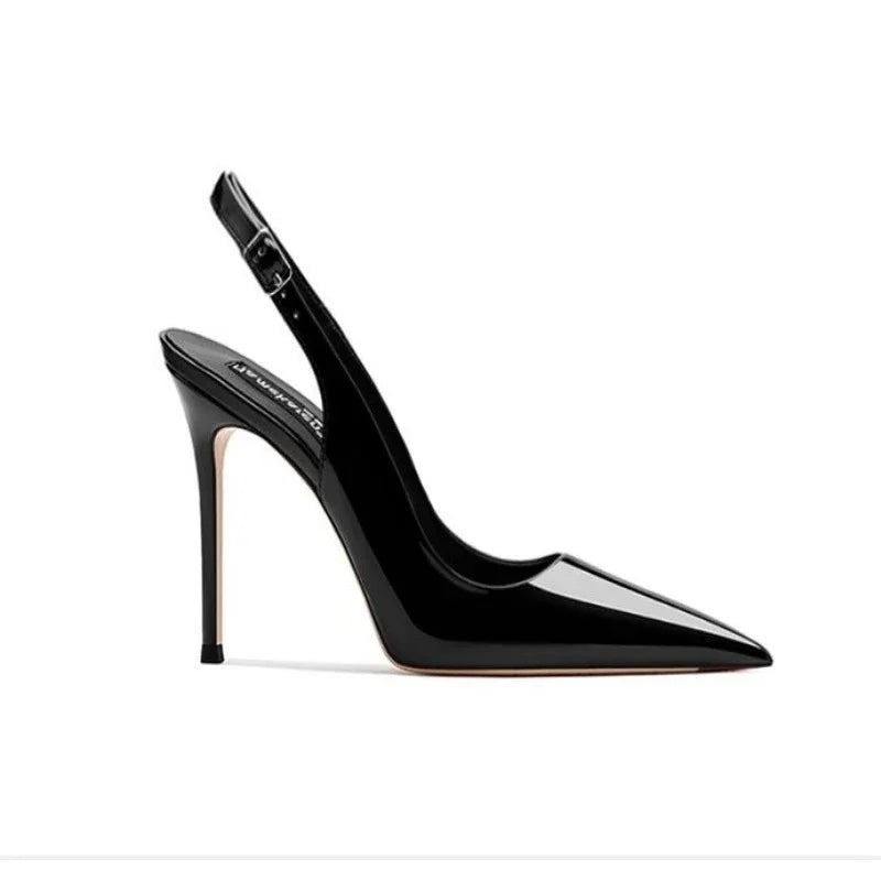 Sandalias sexis de tacón alto con puntas puntiagudas y elegantes zapatos de mujer de fiesta de moda con tiras de charol de verano 2025