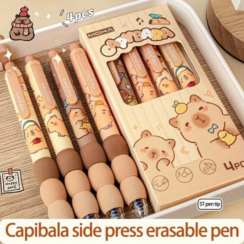 Juego de 4 bolígrafos de gel borrables con temática de capibara, punta de 0,5 mm, barril de agarre suave, opción de regalo perfecta, suministros para oficina y escuela