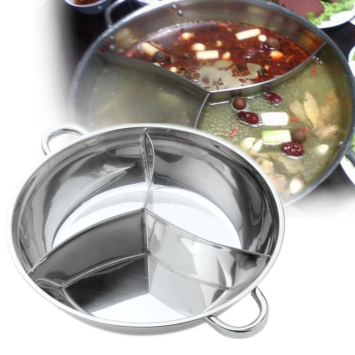 Olla caliente de acero inoxidable de 34cm, tres utensilios de cocina divididos, olla de inducción para ovejas pequeñas, olla caliente con rayas, Compatible con cocina, fiesta de invierno