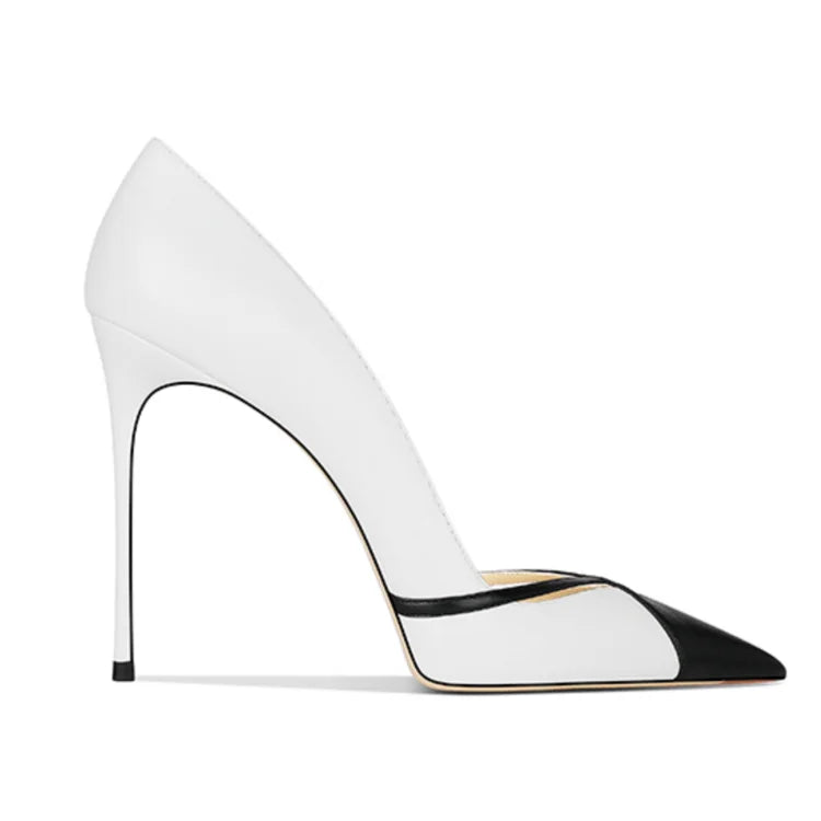 Zapatos de tacón alto de cuero blanco mate con punta puntiaguda y tacones de aguja poco profundos, zapatos de banquete sin cordones