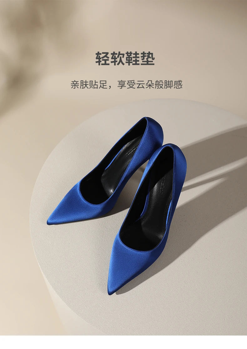 Zapatos de tacón de seda estilo socialité, tacones delgados para mujer, sexy con punta abierta, azules para vestido formal, zapatos individuales de temperamento francés