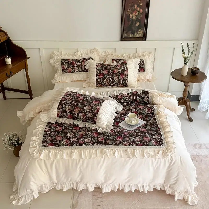 Juego de fundas de edredón con volantes, de 3 piezas ropa de cama, Floral, 100% algodón, blanco, 2 fundas de almohada, US/UK, Super King size