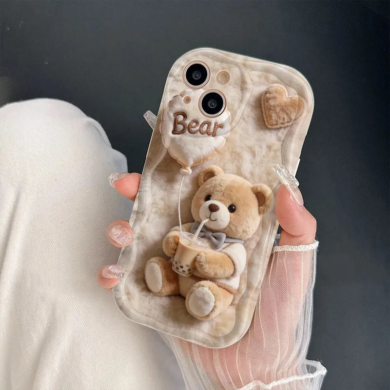 Funda de Teléfono con Diseño de Oso de Peluche y Té de Perlas para iPhone 17 Pro Max 16 11 12 13 14 15 Plus 17 Air 16E, Funda de Silicona Suave