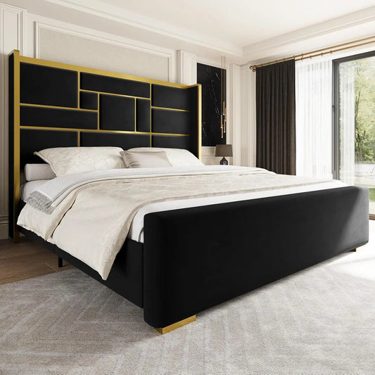 Base de Cama con Cabecera de 55.12 Pulgadas de Alto, Cama de Plataforma Moderna y Lujosa Tapizada en Terciopelo con Detalles en Dorado, Cabecero Ancho, Personalizable