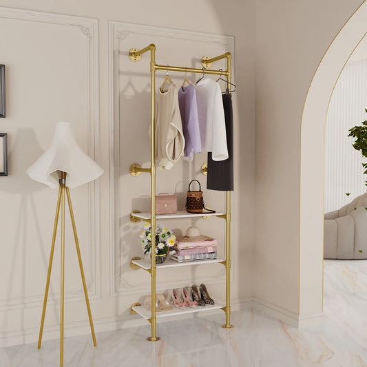 Perchero de pared para ropa, tubo industrial, dorado, con estantes de 3 niveles