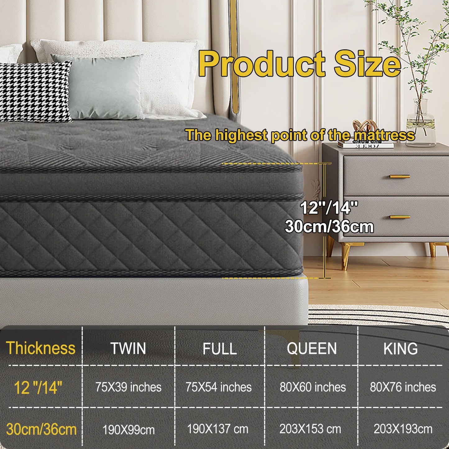 12/14 Inch Gel Memory Foam Hybrid Mattress Twin Full Queen King Sizes Mattress Bed In A Box, Euro Top Medium Firm for Back & Lumbar Support, Individual Pocket Spring Bed for Motion Isolation & Fiberglass Free