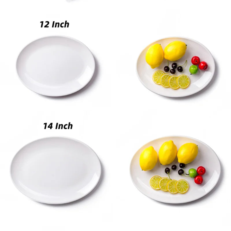 Platos ovalados de melamina blanca de 9-14 pulgadas, juego de cena, plato de porcelana de imitación, bandejas planas para carne, servicio de mesa de cocina y Hotel duradero