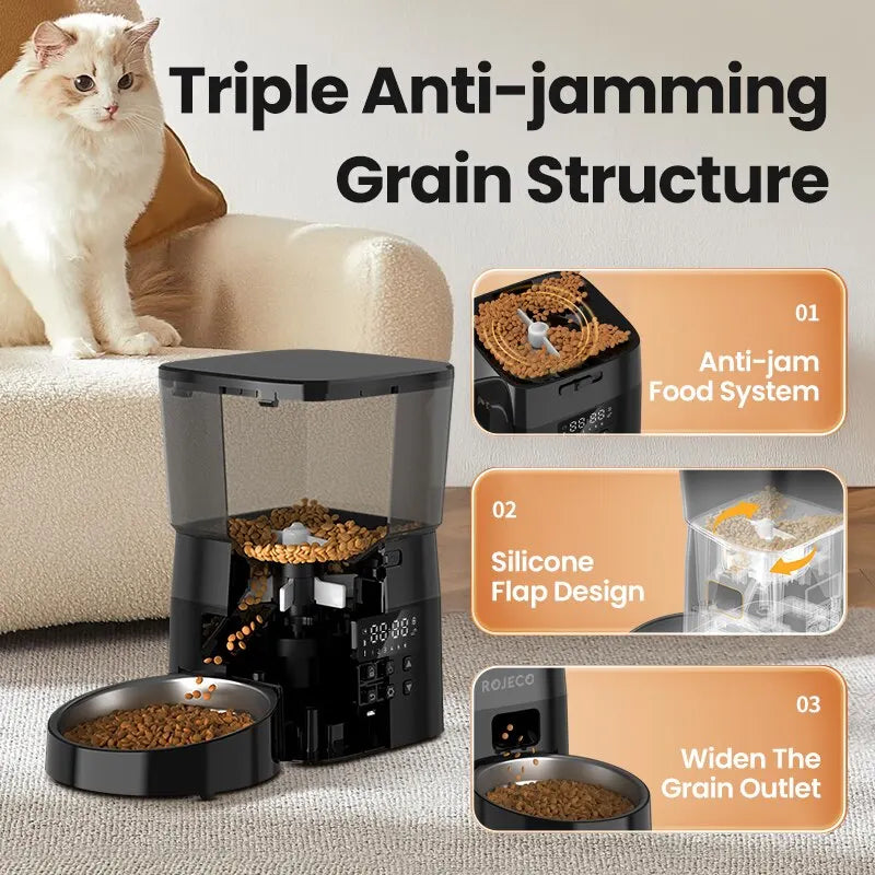 ROJECO-comedero automático para mascotas, versión con botón, dispensador automático de comida para gatos, accesorios, Control inteligente, alimentador para mascotas para gatos, comida seca para perros