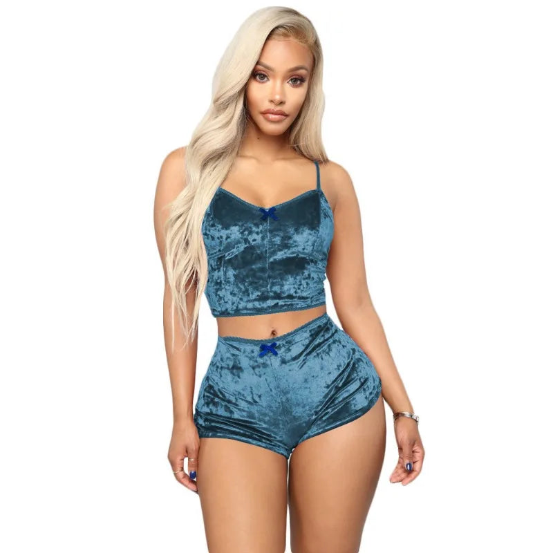 Conjunto de Pijamas para mujer, Pijamas sexis de terciopelo satinado de seda rosa y roja, ropa para dormir, bata, conjuntos de lencería Sexy, ropa de dormir