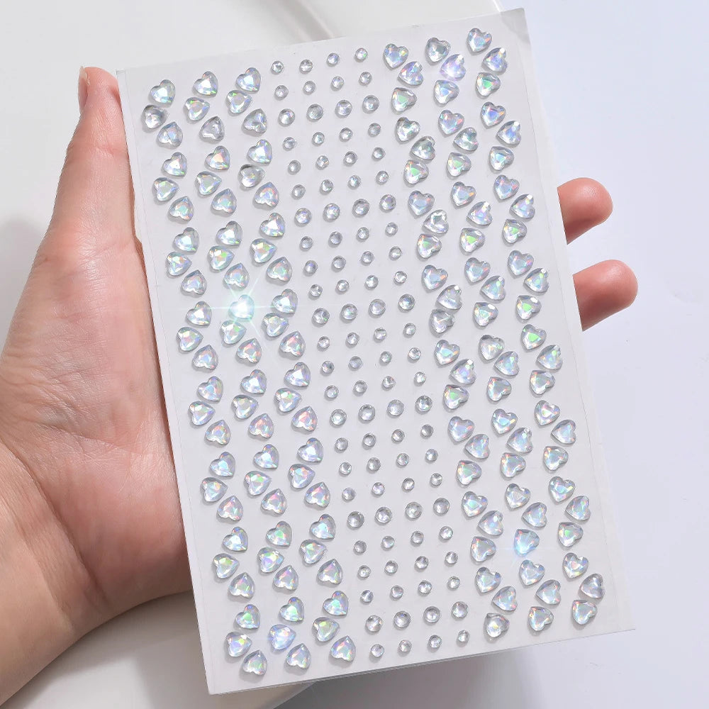 1 hoja 900 Uds. Pegatinas de gemas brillantes de cara de arcoíris, tatuaje Facial adhesivo, joyas de diamantes de imitación para ojos, mezcla de 3/4/5mm, maquillaje para fiesta de boda
