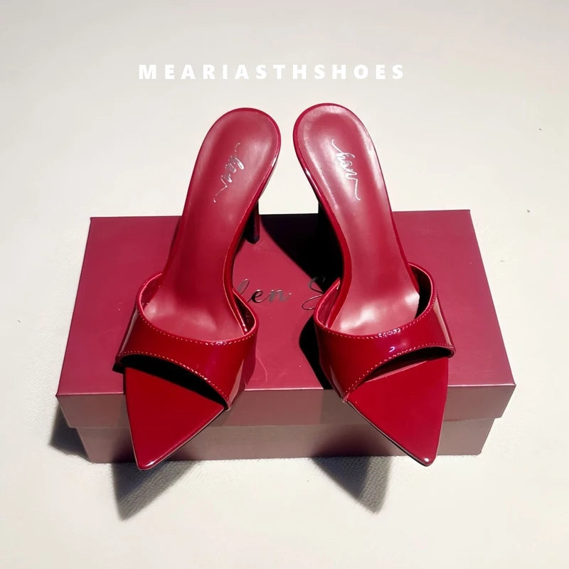 Zapatos de tacón alto con punta abierta para mujer, zapatillas exteriores de verano para fiesta, Stiletto, sandalias de charol de diseñador de lujo, 12/10cm